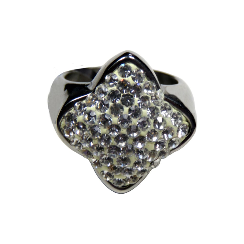Inox Women's Polished Stainless Steel Ring With White Square And Cz Accents, S7